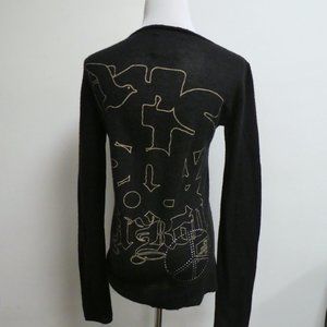 291 Venice black cashmere henley sweater graphics PEACE sign crystal sweater  S